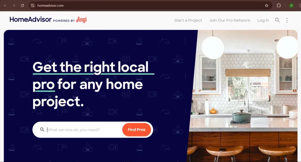 Homepage of HomeAdvisor, a contractor lead website.