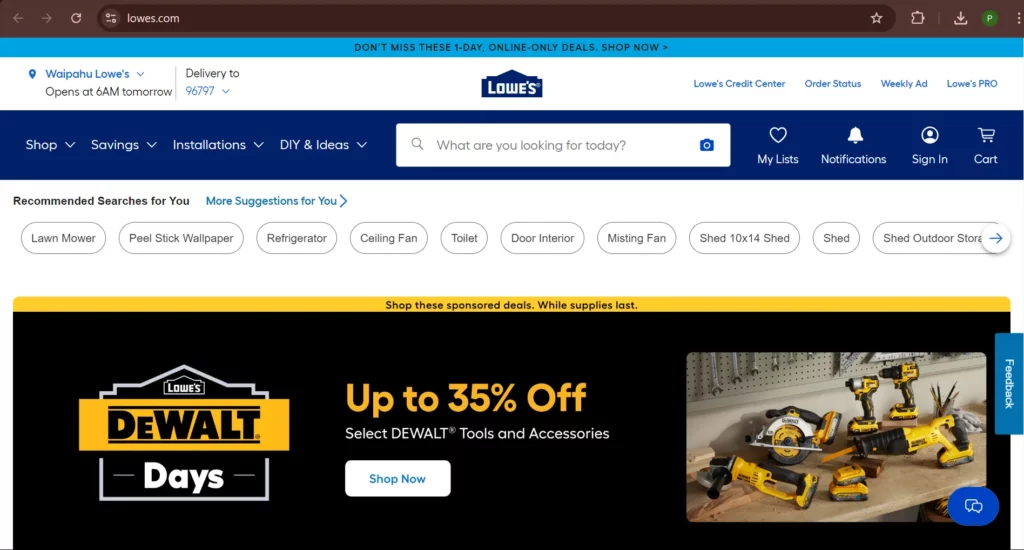 Lowe's.com Homepage, a lead generation website for contractors.