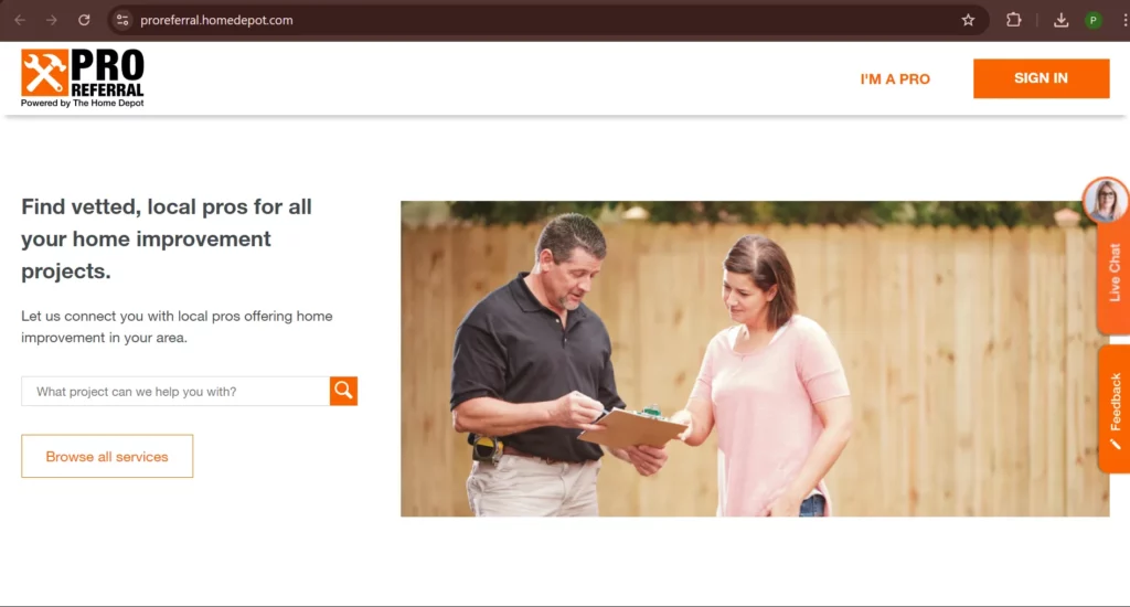 Homepage of The Home Depot. Pro Referral, a lead generation website.