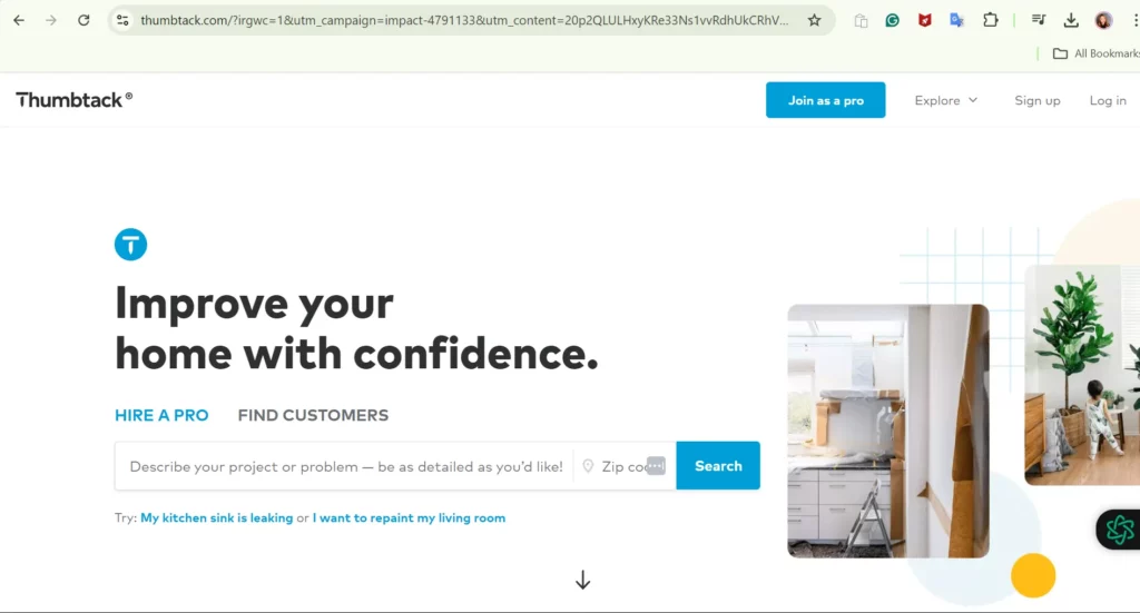 Thumbtack.com Homepage, a website for contractor leads.