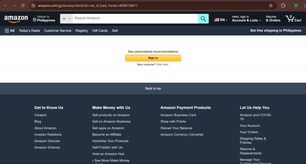 Amazon Homepage, a lead generation website.