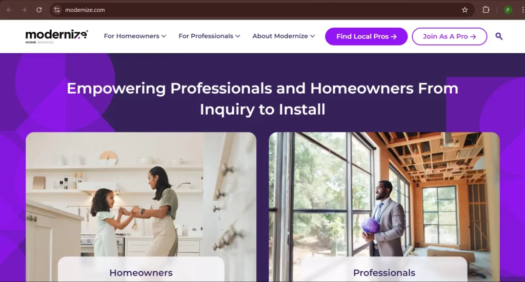 Modernize.com Homepage, a contractor lead website.