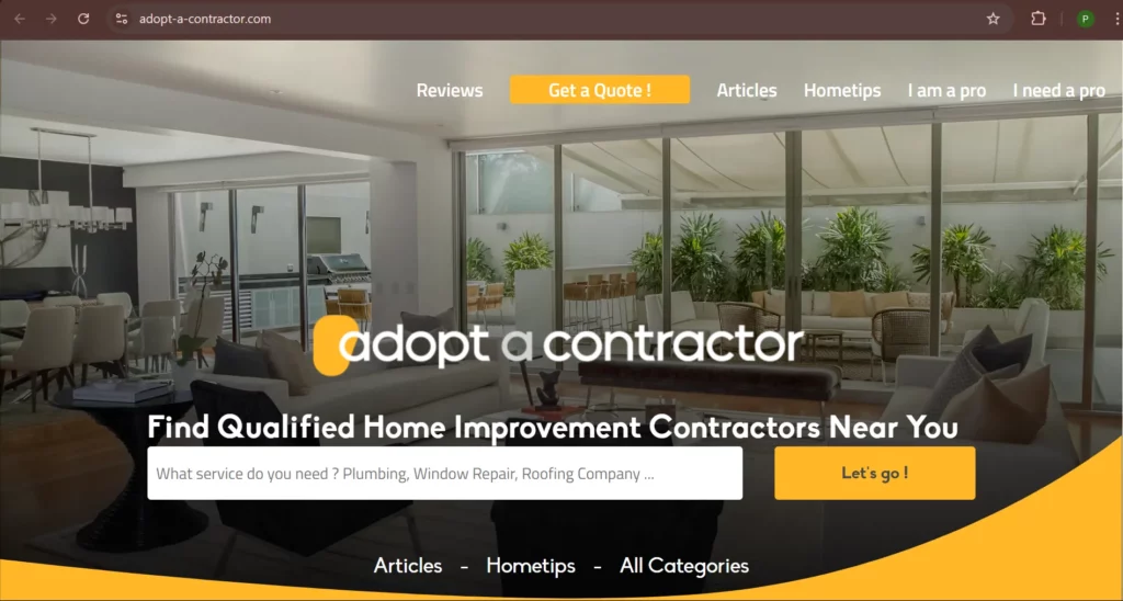 Homepage of Adopt a contractor, a contractor lead website.